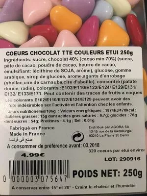 Lista de ingredientes del producto Coeurs chocolat tte couleur Agora 