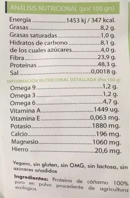 Lista de ingredientes del producto Proteina de cáñamo Saludviva 