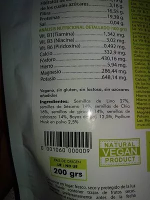 Lista de ingredientes del producto Mezcla de 5 semillas y goji Saludviva 