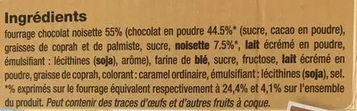 Lista de ingredientes del producto Cigarettes Fourrées Chocolat Noisettes BIJOU Boîte de 575 g net