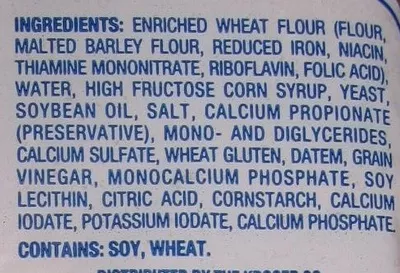 Lista de ingredientes del producto Round top white bread Kroger 20 oz