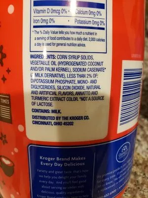 Lista de ingredientes del producto non dairy coffee creamer The Kroger Co.,  Kroger 