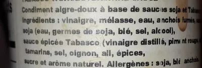 Lista de ingredientes del producto Worcestershire spicy Tabasco,   Mcilhenny Company 