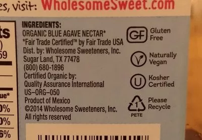 Lista de ingredientes del producto Organic Blue Agave Sweetener Wholesome 44 oz