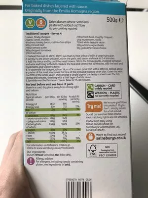 Lista de ingredientes del producto White lasagne sheets with added fibre Sainsbury's,  Sainsburys 