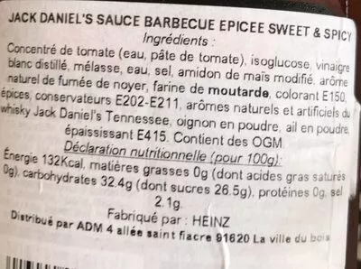 Lista de ingredientes del producto Sauce barbecue Jack Daniel's 