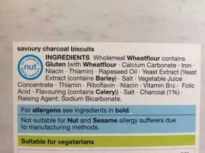 Lista de ingredientes del producto Charcoal biscuits M&S 