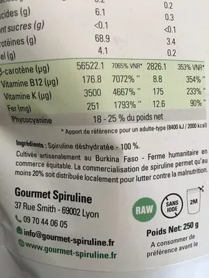 Lista de ingredientes del producto Spiruline paillettes Gourmet Spiruline 250 g