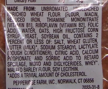 Lista de ingredientes del producto Farmhouse Oatmeal Pepperidge Farm 24 oz