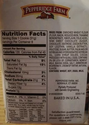 Lista de ingredientes del producto Pepperidge farm cookies Pepperridge farm 10