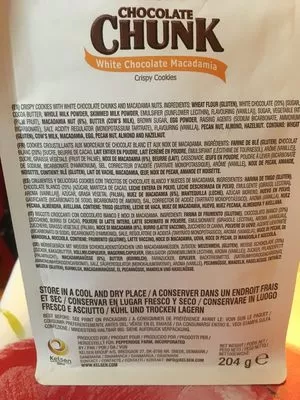 Lista de ingredientes del producto Chocolate Chunk White Chocolate Macadamia Crispy Cookies Chocolate Chunk, Pepperidge Farm 204 g