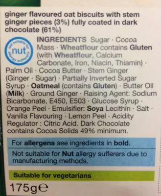 Lista de ingredientes del producto Extremely chocolatey ginger biscuits Marks And Spencer 175 g