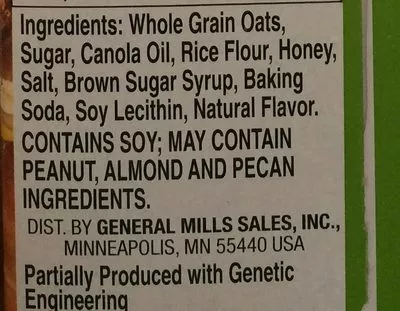 Lista de ingredientes del producto Crunchy Granola Bars Oats 'n Honey Nature Valley, General mills 253 g (6 * 42 g)