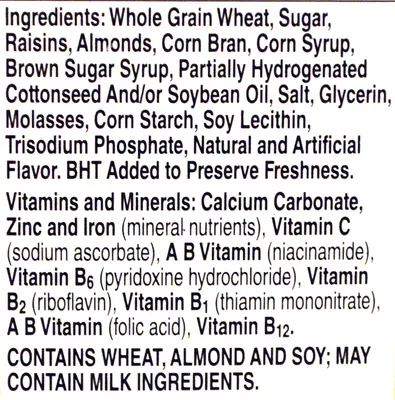 Lista de ingredientes del producto Raisin Nut Bran Cereal General Mills 484 g