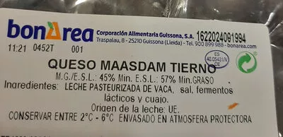 Lista de ingredientes del producto Queso Maasdam Tierno Bonarea 356 G