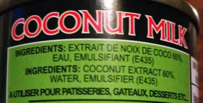 Lista de ingredientes del producto Lait de coco Aroy-D, Thai Agri Foods Public Company Limited, Tang Frères 165 ml