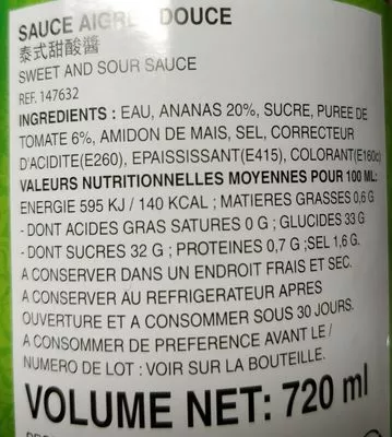 Lista de ingredientes del producto Sauce Aigre Douce 720 ML Aroy-D 720ml