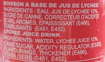 Lista de ingredientes del producto Boisson a base de jus de lychee Tang freres, Tang frères s.a. 25 cl