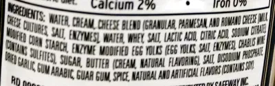 Lista de ingredientes del producto Alfredo Pasta Sauce Safeway Select, Safeway 15 oz (425 g)