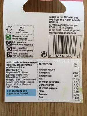 Lista de ingredientes del producto Taramasalata M&S 