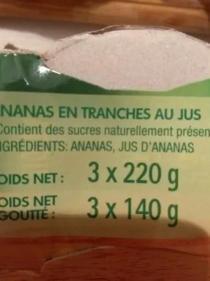 Lista de ingredientes del producto Ananas en tranches au jus 3×220g Del Monte 660 g