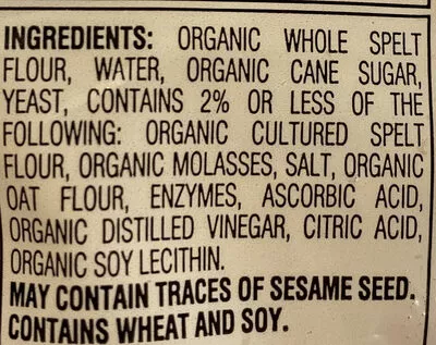 Lista de ingredientes del producto Organic spelt bread Vermont Bread Company 20 oz