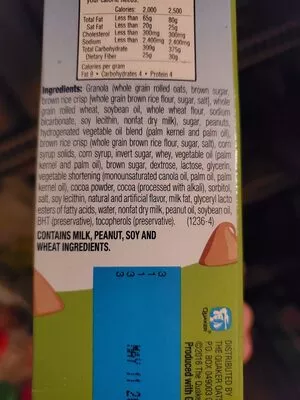 Lista de ingredientes del producto Chocolatey covered dipps granola bars, peanut butter Quaker 