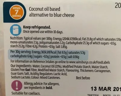 Lista de ingredientes del producto Blue cheese style By Sainsbury's 