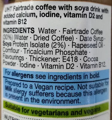 Lista de ingredientes del producto Soya iced coffee drink Marks & Spencer 330 ml