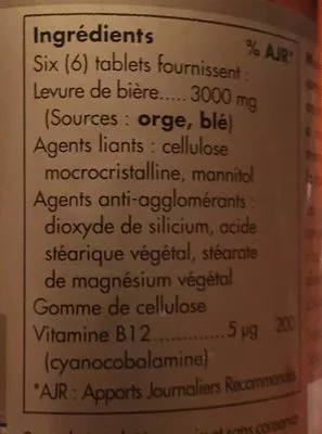 Lista de ingredientes del producto Levure de bière avec vitamine B12 Solgar 142,75 g (250 tablettes)