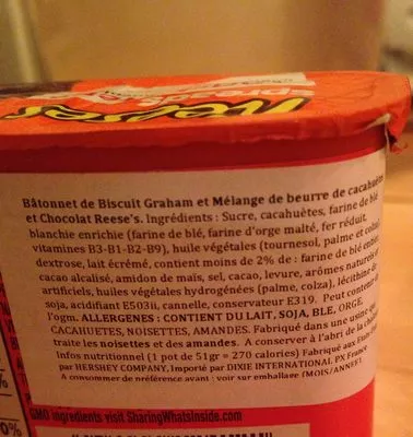 Lista de ingredientes del producto Reese's Spread Snacksters Hershey 