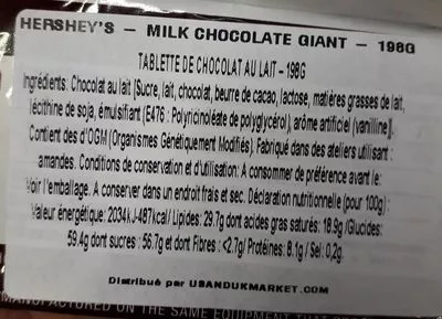 Lista de ingredientes del producto Hershey Giant Milk Chocolate  6 g