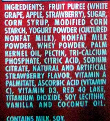 Lista de ingredientes del producto Strawberry fruit 'n yogurt snacks, strawberry Welch's,   Promotion In Motion Inc.  8 pouches