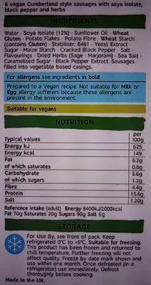 Lista de ingredientes del producto No Pork Sausoyges Marks and Spencer 