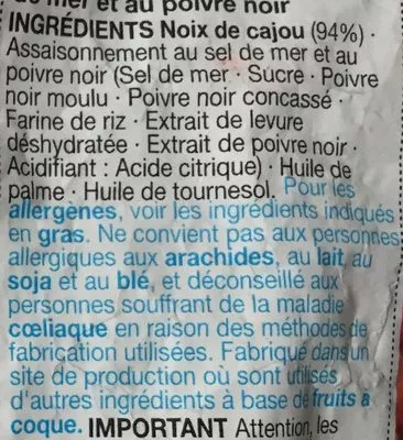 Lista de ingredientes del producto Sea Salt and Black Pepper Cashews  Marks & Spencer 150 g