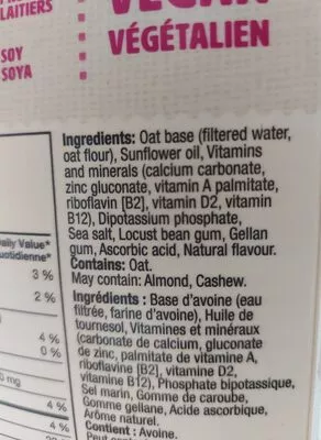 Lista de ingredientes del producto Oat Yeah the Unsweetend one Danone,  Silk 