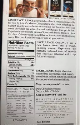 Lista de ingredientes del producto Lindt, excellence dark chocolate Lindt Excellence, Lindt, Lindt & Sprungli (Usa) Inc. 100 g