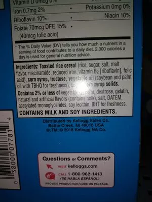 Lista de ingredientes del producto Rice krispies treats, the original Kellogg's 