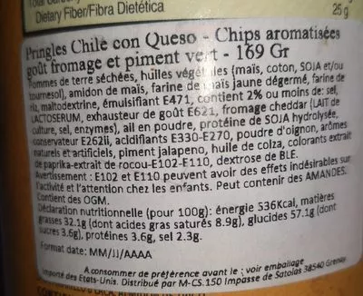 Lista de ingredientes del producto Potato crisps, chile con queso Pringles 