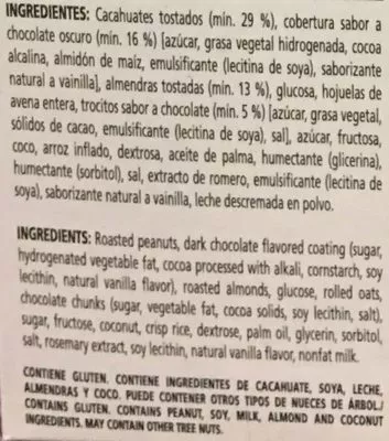 Lista de ingredientes del producto Nut Bar sabor chocolate oscuro y almendras Kellogg's 165 g