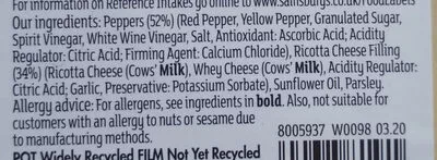 Lista de ingredientes del producto Ricotta stuffed rainbow cherry peppers Sainsbury’s 145 g
