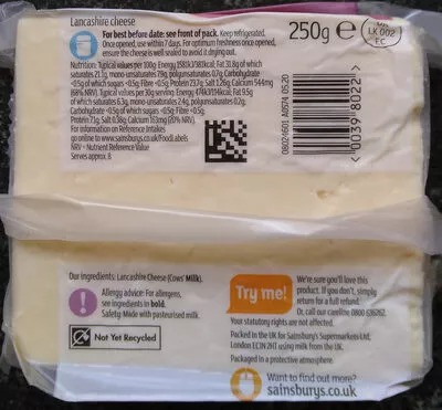 Lista de ingredientes del producto Lancashire Cheese Sainsbury's, Sainsburys, By sainsbury's 250 g