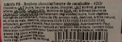 Lista de ingredientes del producto M&M's Peanut Butter M&M’s 46.2 g