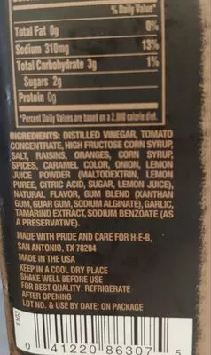 Lista de ingredientes del producto steak sauce HEB  