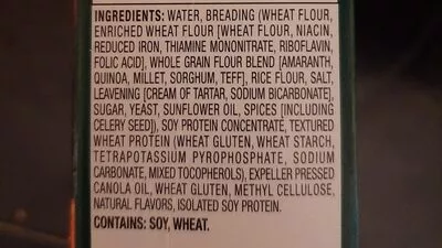 Lista de ingredientes del producto Meat free breaded soy protein chickenless patties Earth grown  vegan 10 oz