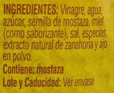 Lista de ingredientes del producto Mostaza preparada de Miel sabor agridulce French's French's 340 g.