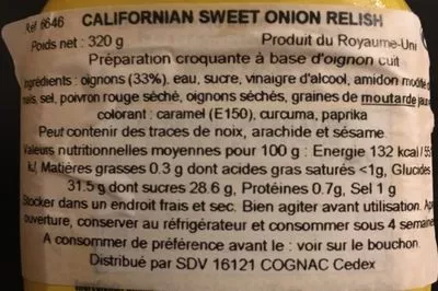 Lista de ingredientes del producto Relish Californian Sweet Onion French's 320 g e