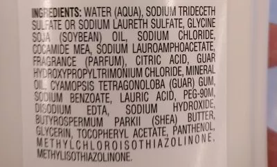 Lista de ingredientes del producto body wash  