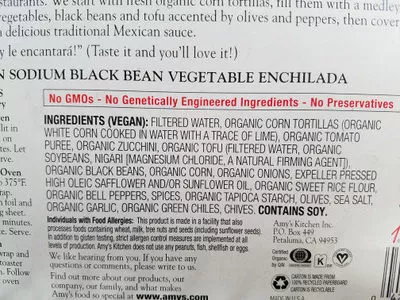 Lista de ingredientes del producto Enchilada Amy's 9 fl oz