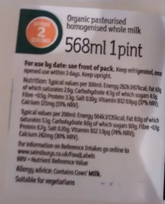 Lista de ingredientes del producto So Organic Whole British Milk Sainsbury's, Sainsbury's SO Organic 568 ml (1 pint)